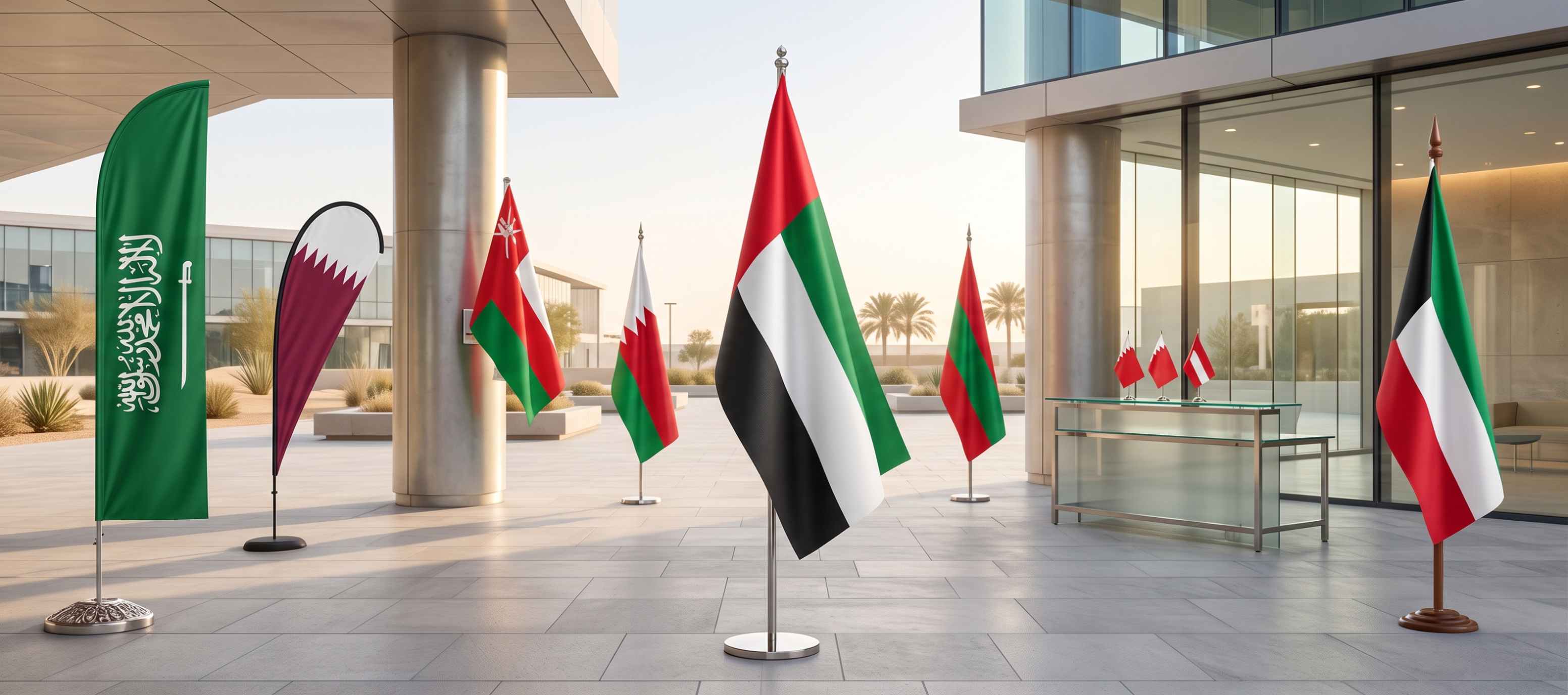A row of national flags, prominently featuring the United Arab Emirates flag in the center, displayed on flagpoles in a modern outdoor courtyard setting.