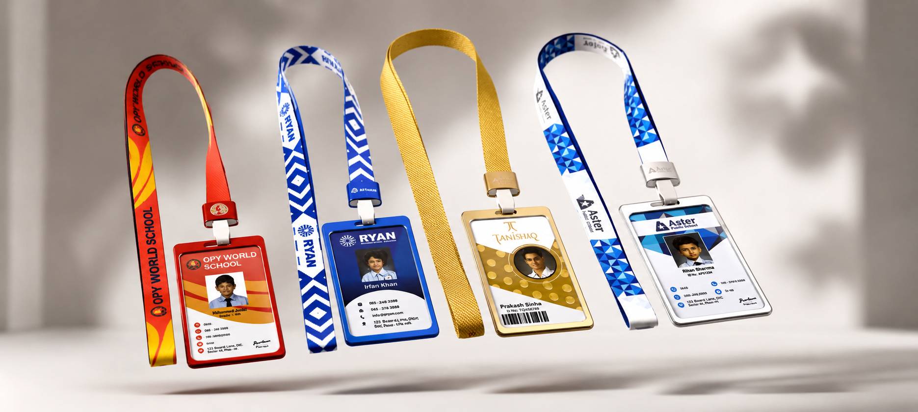 Four lanyard ID badges floating in mid-air against a soft gray studio background. The lanyards are red, blue, yellow, and white, and the badges feature various designs with photos, names, and corporate logos.