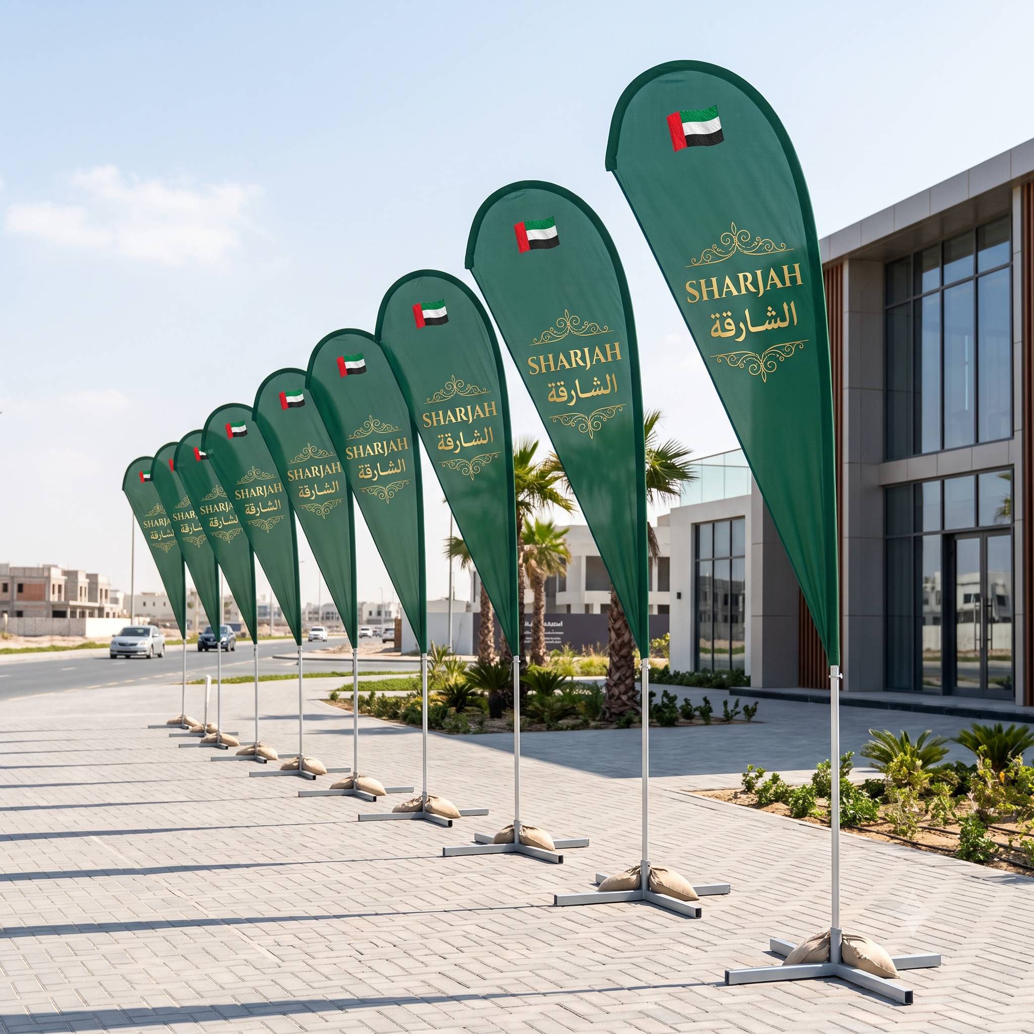 Eight teardrop flags for a residential project launch. Cross bases with sand fill bags on paved roadside. Generated more walk-in enquiries than previous billboard campaign.
