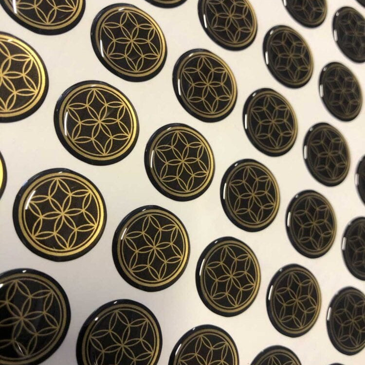 Custom 3D domed stickers with crystal clear polyurethane resin on vinyl