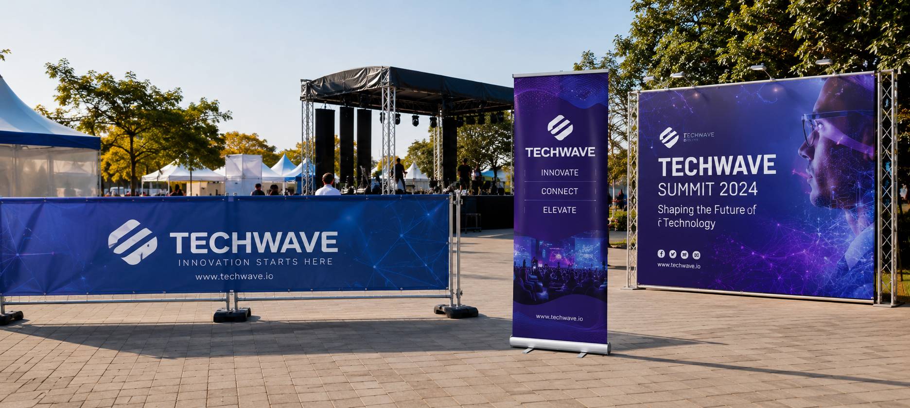 Outdoor Techwave event signage setup with blue and purple banners and a matching vertical roll-up stand on a paved plaza, with a stage and trees in the background.