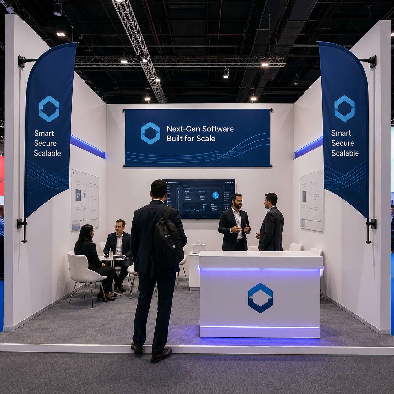 A modern software booth at a tech event with white walls, blue signage, two tall blue vertical banners reading 'Smart Secure Scalable,' a white reception desk with blue lighting, and several people standing and sitting in the space.