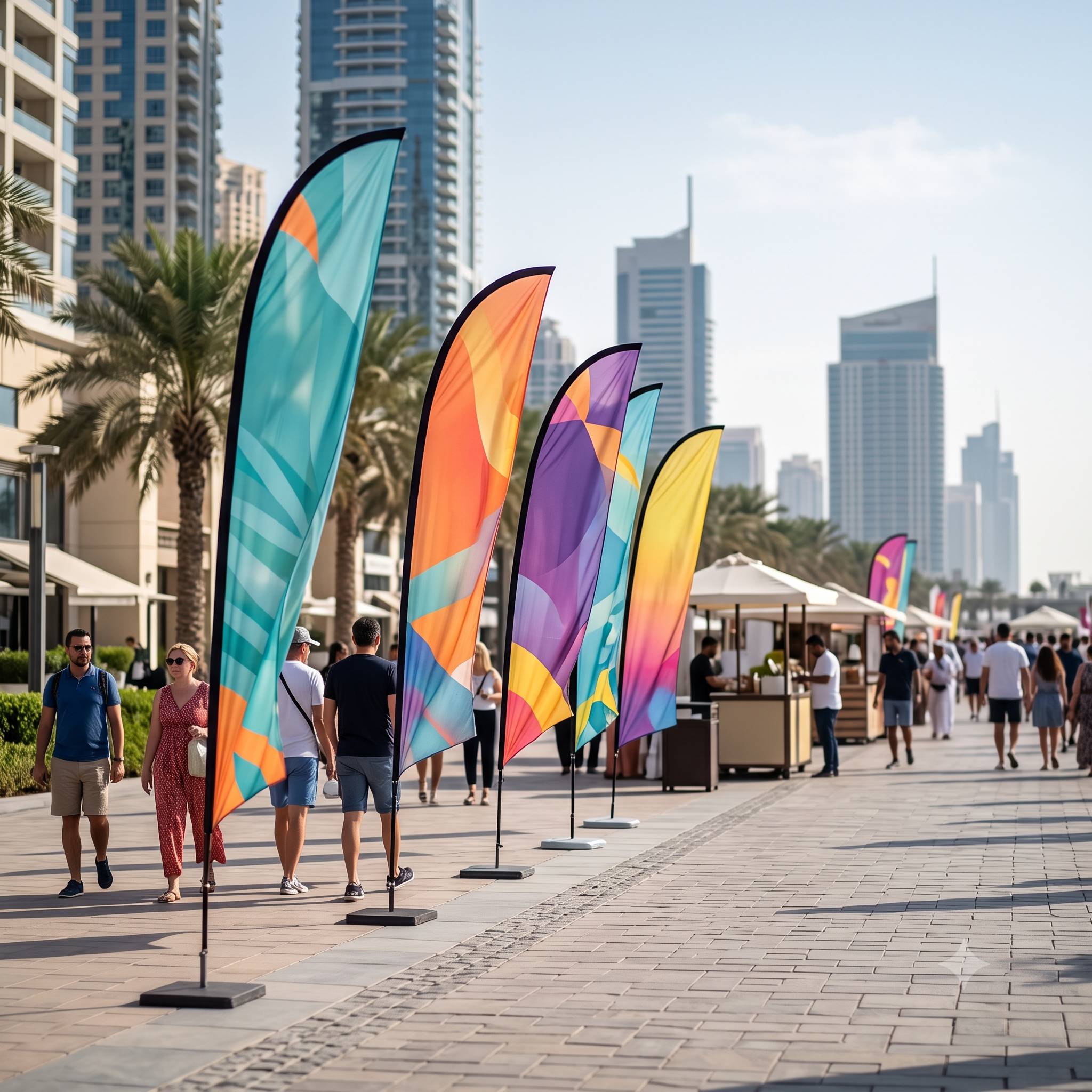 Twenty feather flags for a ten day outdoor retail festival. Ground stakes for grass areas and cross bases for paved walkways. Most photographed element of the event.
