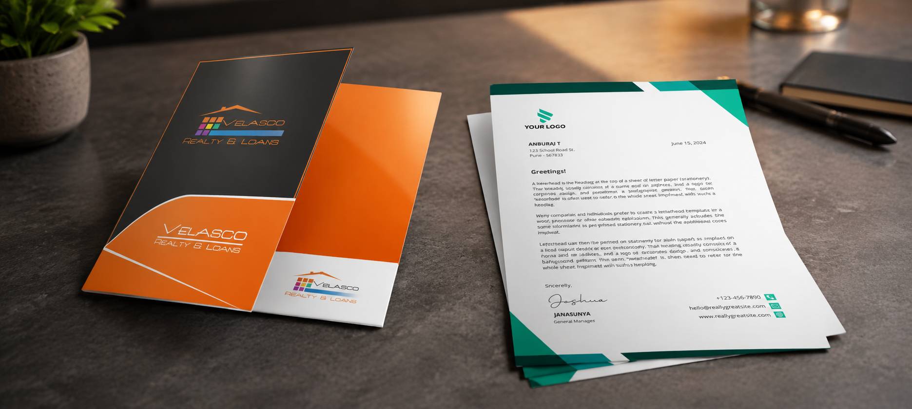A set of printed stationery and a matching brochure laid on a dark tabletop. The brochure has a black, orange, and white design with a small multicolor logo, and the papers are white with teal corner accents and a matching logo.
