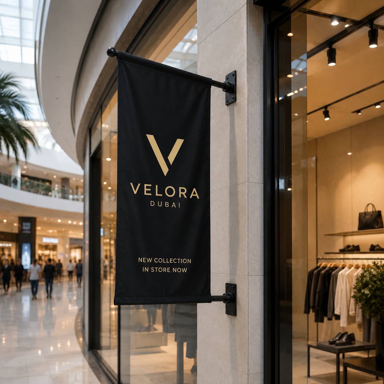 A black vertical storefront banner for VELORA DUBAI hangs from a black metal bracket on a beige stone pillar in a modern shopping mall. The banner features a gold 'V' logo and gold text reading 'VELORA DUBAI' and 'NEW COLLECTION IN STORE NOW'.