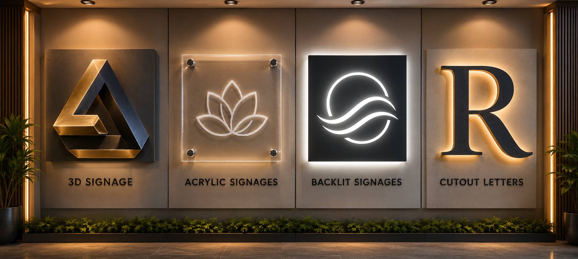 A wall-mounted display showing four sample sign styles: a 3D metallic logo, a glowing acrylic lotus, a backlit wave-style logo, and a large cutout letter R, with labels underneath on a warm interior wall.