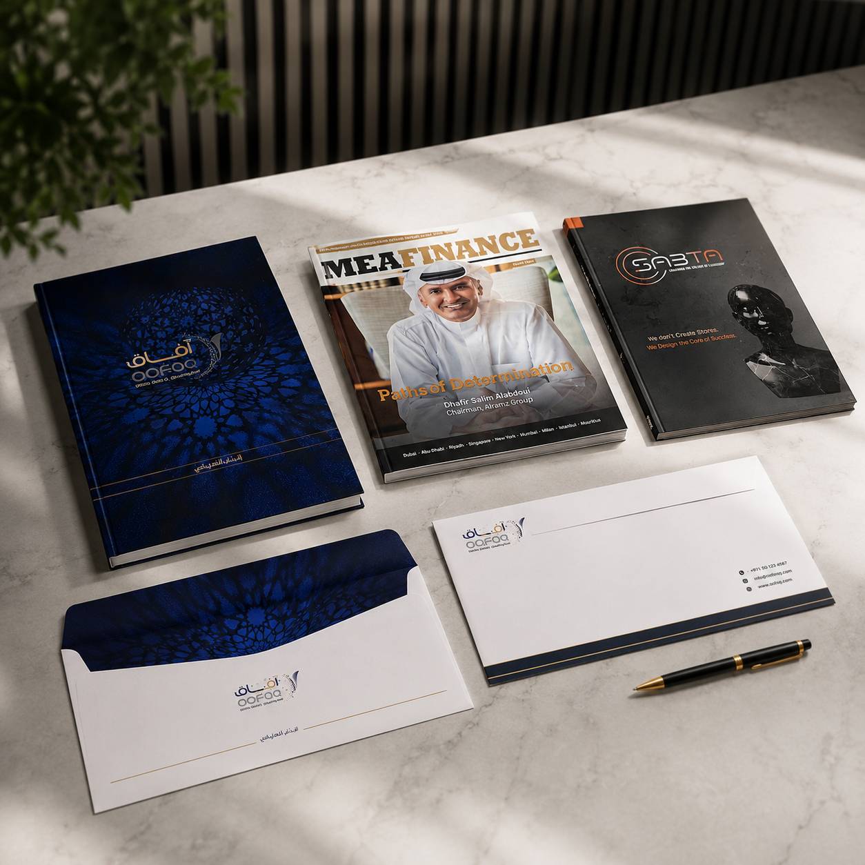 A coordinated stationery and printed media set arranged on a light marble surface: two dark blue booklets or brochures, a magazine titled MEAFINANCE with a cover photo, a dark gray brochure, white letterheads and envelopes, and a black-and-gold pen. No person or real environment is the subject; this is a styled flat-lay product presentation.