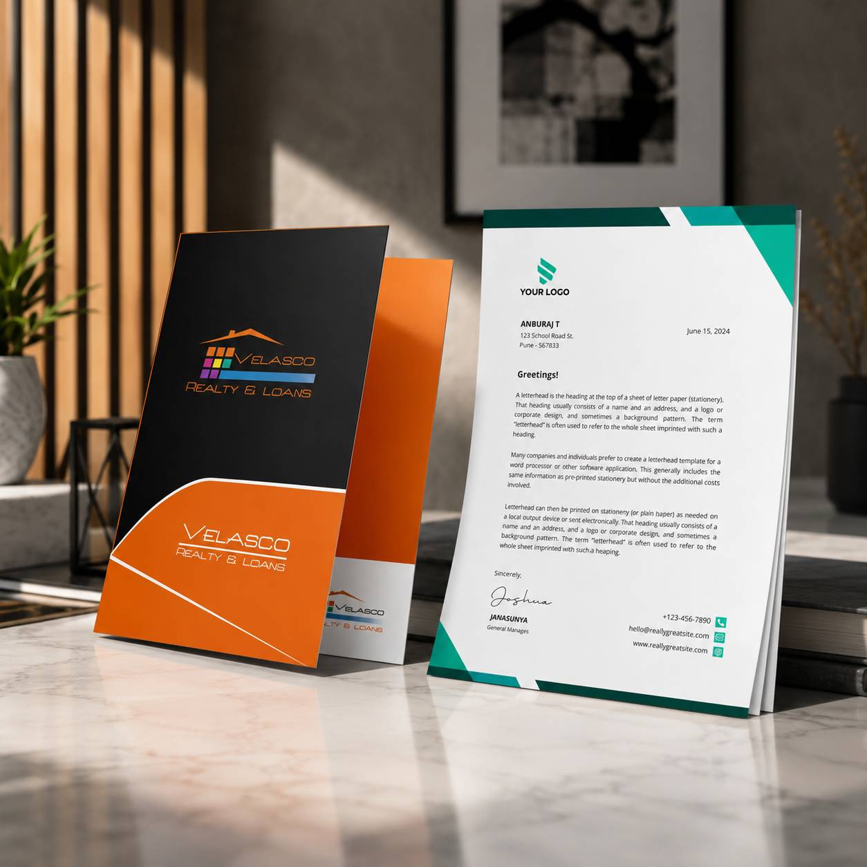 A set of branded printed materials on a polished stone surface in a modern interior: a black and orange folder or brochure standing on the left and a white letterhead card with teal accents on the right. The branding reads Velasco Quality Homes, with a placeholder logo area at the top of the card.