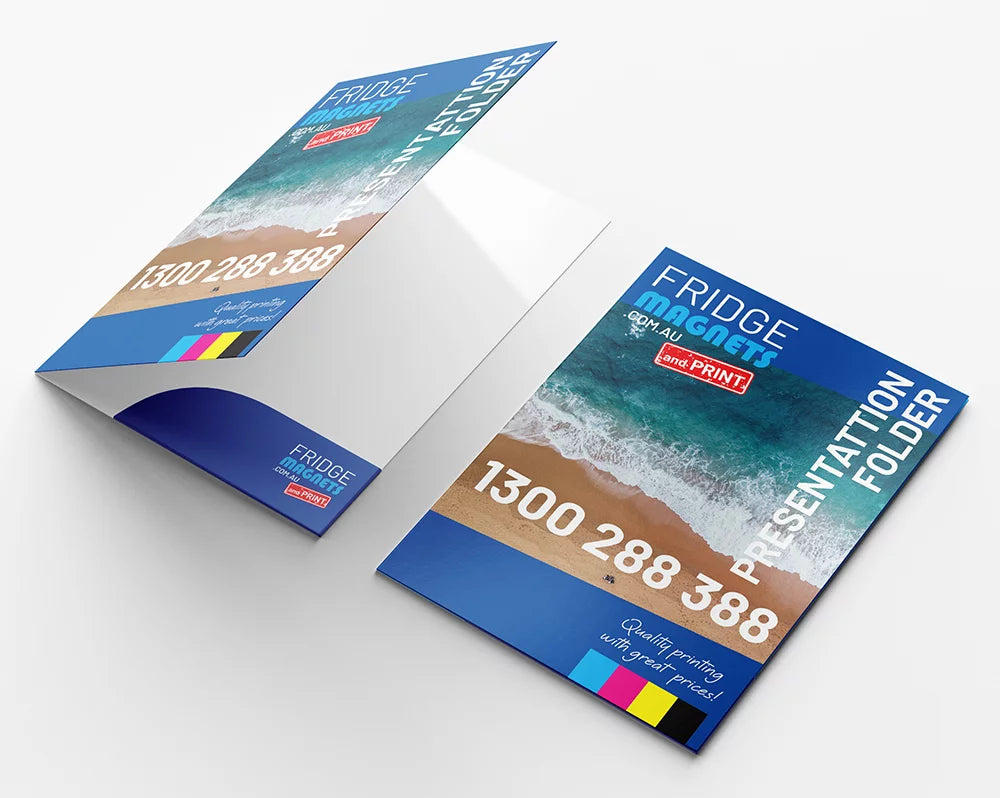 Custom presentation folders with business card slits and spot UV coating