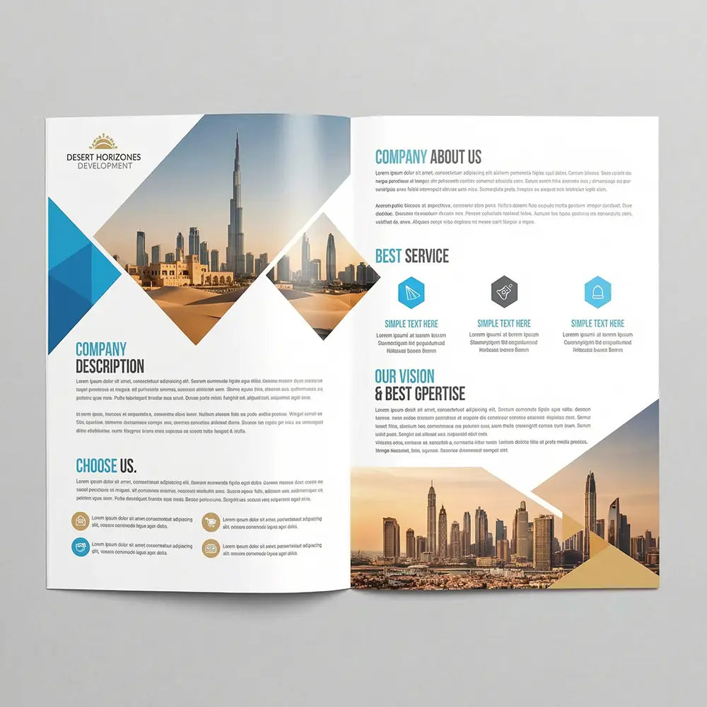 An open brochure or flyer layout with two pages, featuring a modern city skyline photo across the center and sections for company description, about us, best service, and vision. The design uses white, blue, and tan geometric shapes on a light gray background.