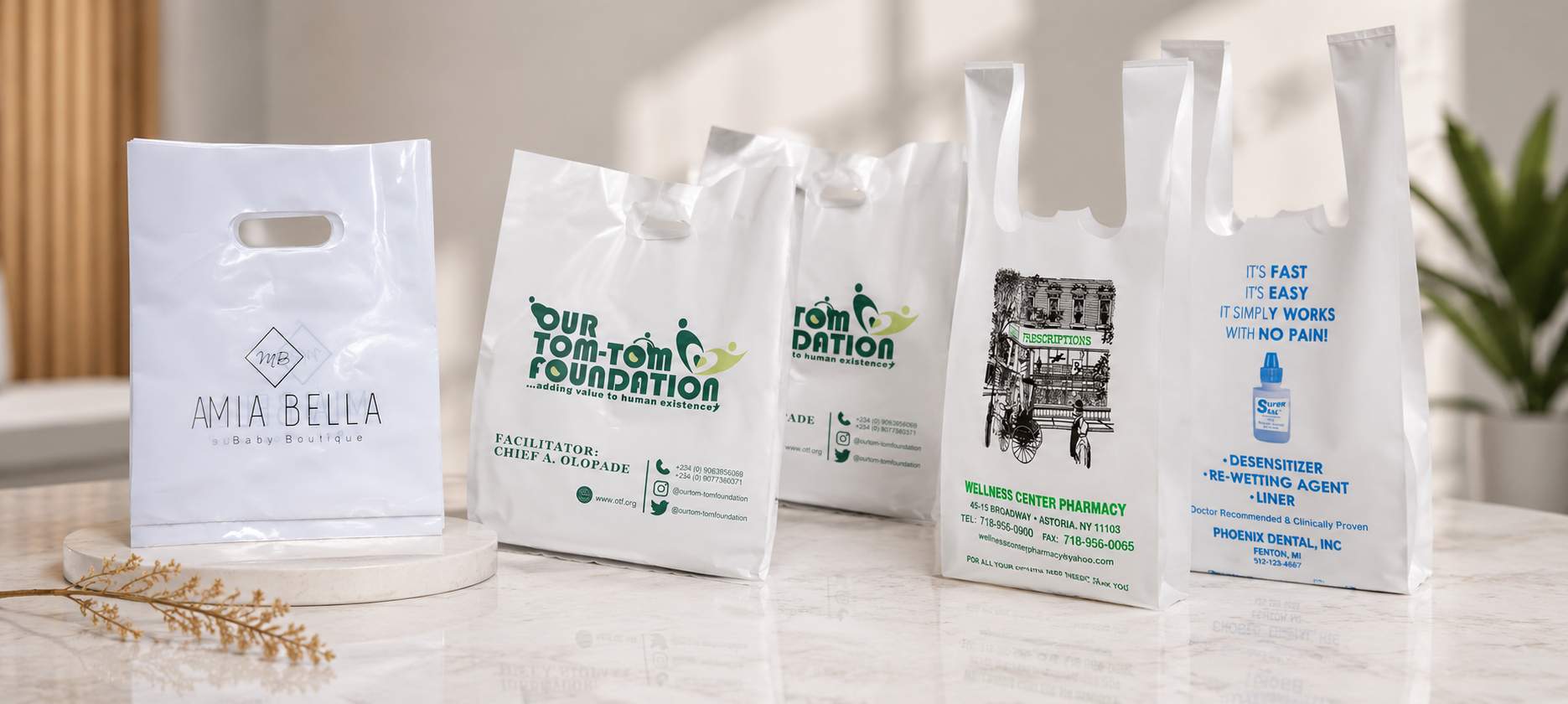 Premium custom plastic bags printing with soft loop handles by Formset Advertising