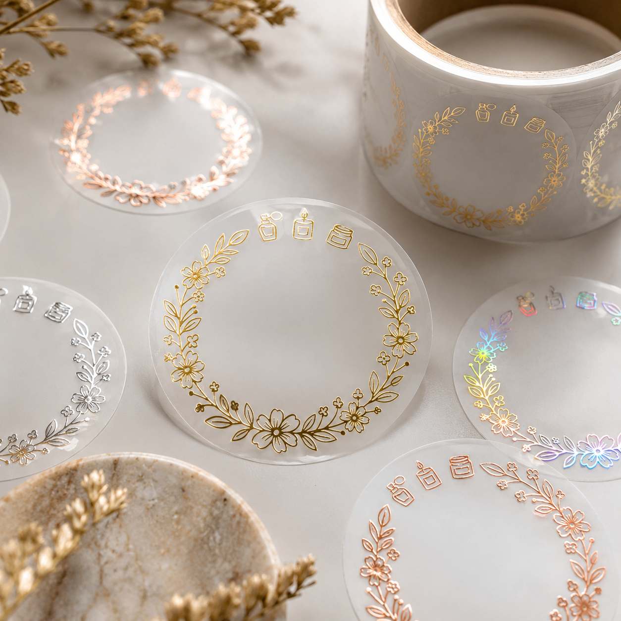 Transparent circular sticker sheets with delicate floral wreath designs in gold, rose gold, silver, and iridescent colors, arranged on a light surface with a white decorative cup and dried flowers.