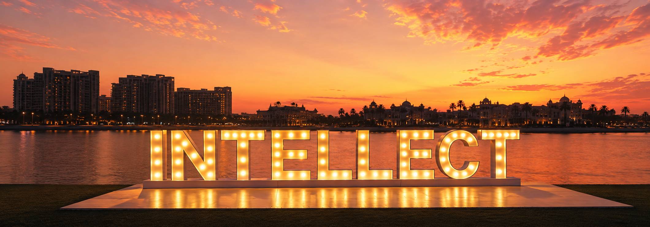 Large illuminated INTELLECT 3D marquee letters with exposed bulbs installed by Formset Advertising at a waterfront corporate event in the UAE at sunset