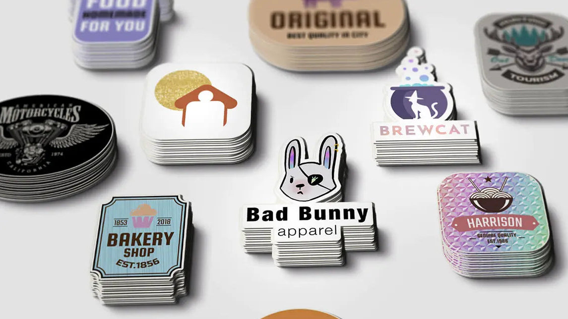 Premium corporate sticker applications on product packaging and tech gadgets