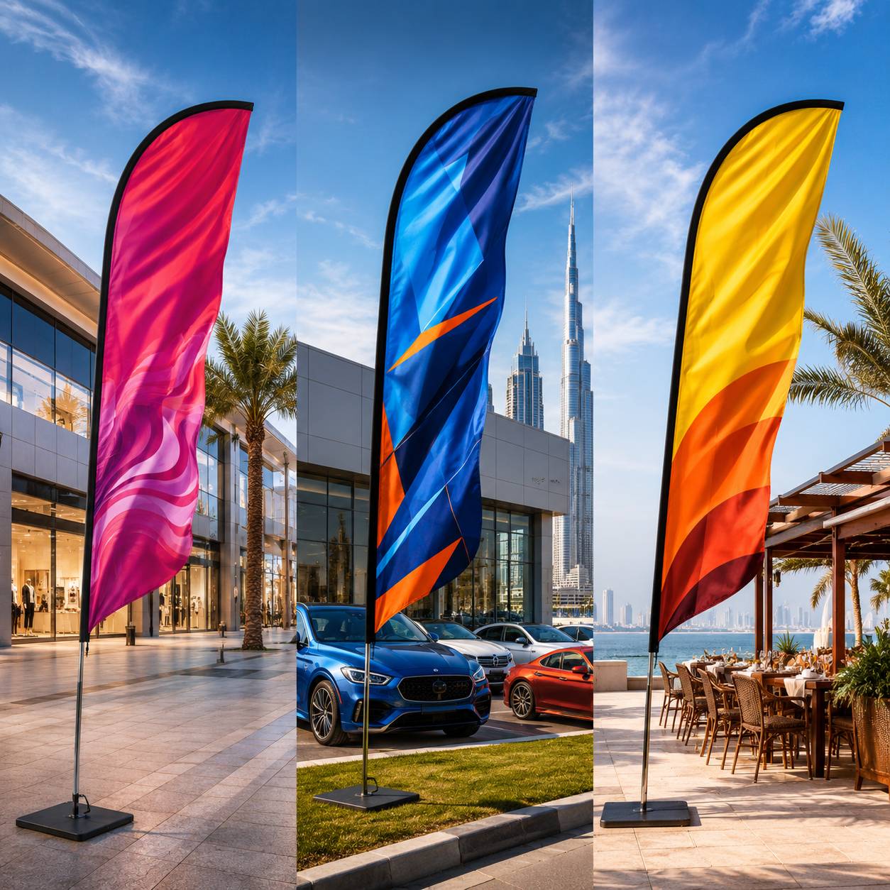 Feather shaped sail flag with vibrant branding waving outside a retail store in Dubai with curved fibreglass pole and weighted base