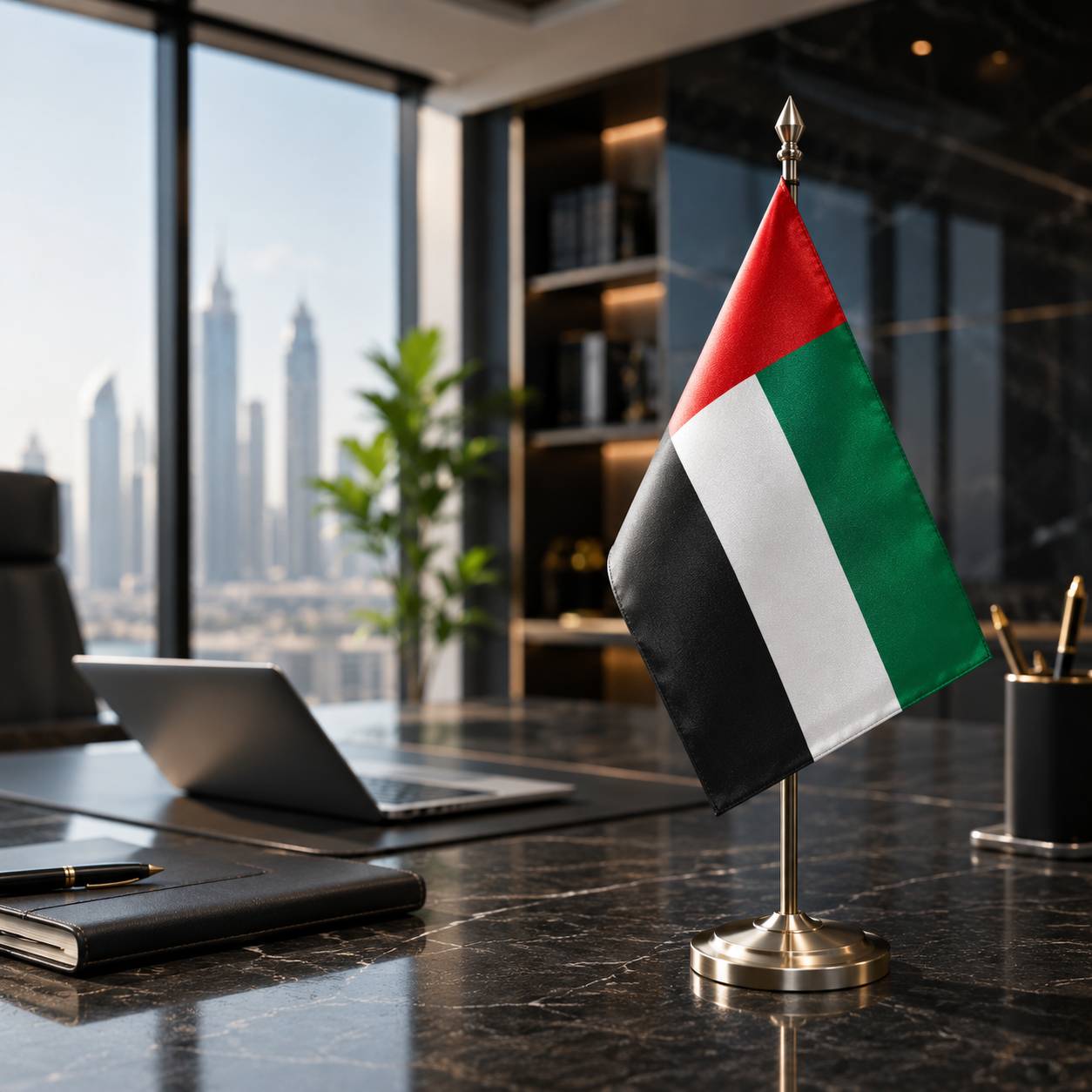 A small desk flag of the United Arab Emirates stands on a metallic stand on a dark marble office desk, with a laptop, notebook, and office background visible.