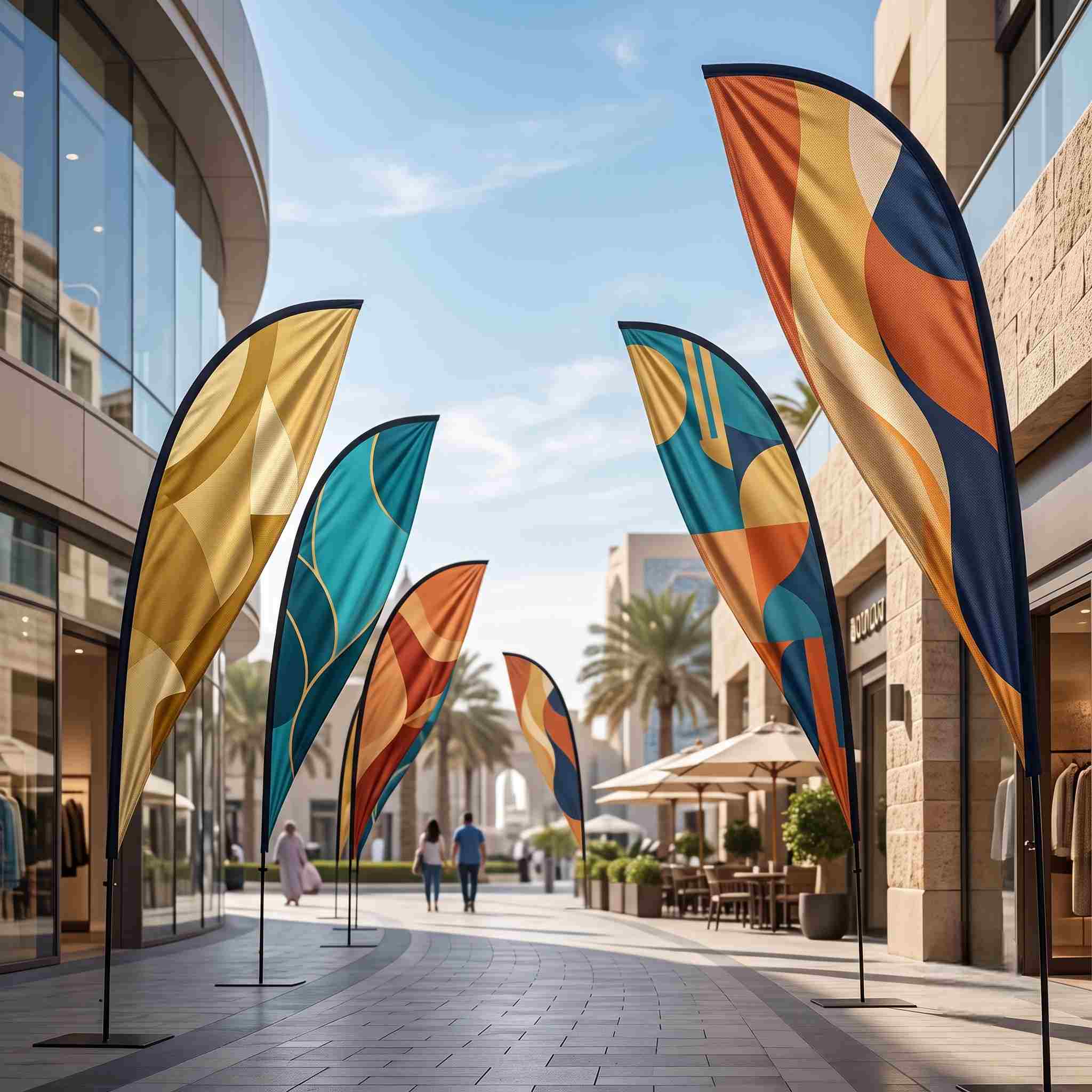 Elegant teardrop flag with curved silhouette and vibrant branding displayed outside a retail store in Dubai